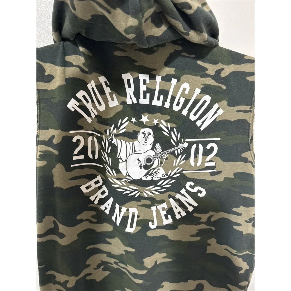 True Religion Men's M Perfectly Worn In Sleeveless Hoodie Zip Sweatshirt Green C